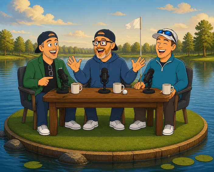 Cartoon Chris telling a story with his hands up while Len points at him and Todd laughs, at a podcast table on a tiny island putting green in a pond